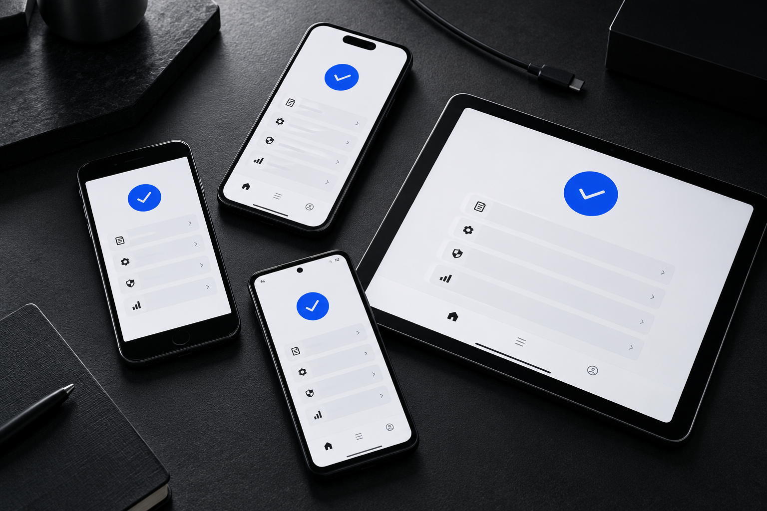 Illustrative mobile testing setup with phones and a tablet